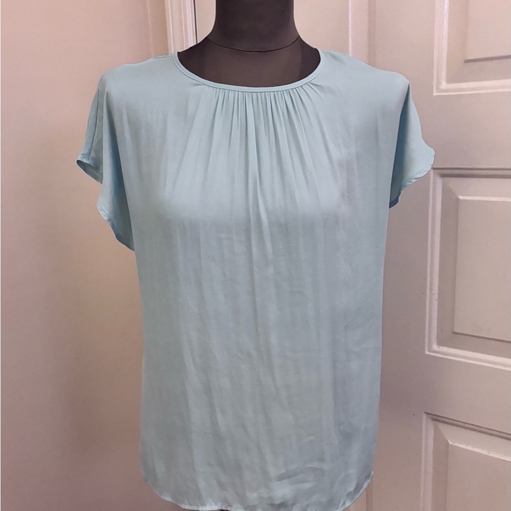Ann Taylor Soft Blue Pleated Yoke Short Sleeve Blouse